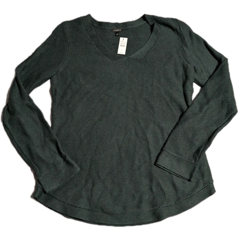 Talbots Waffle Knit V Neck Sweater Womens Small Green Textured Tunic NWT